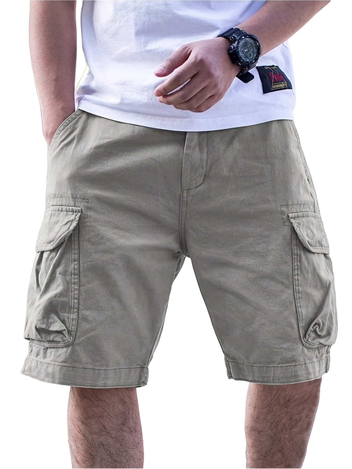 Men's Casual Loose-Fit Cargo Shorts with Multiple Pockets Solid Color Mid-Rise Elastic Waist Drawstring