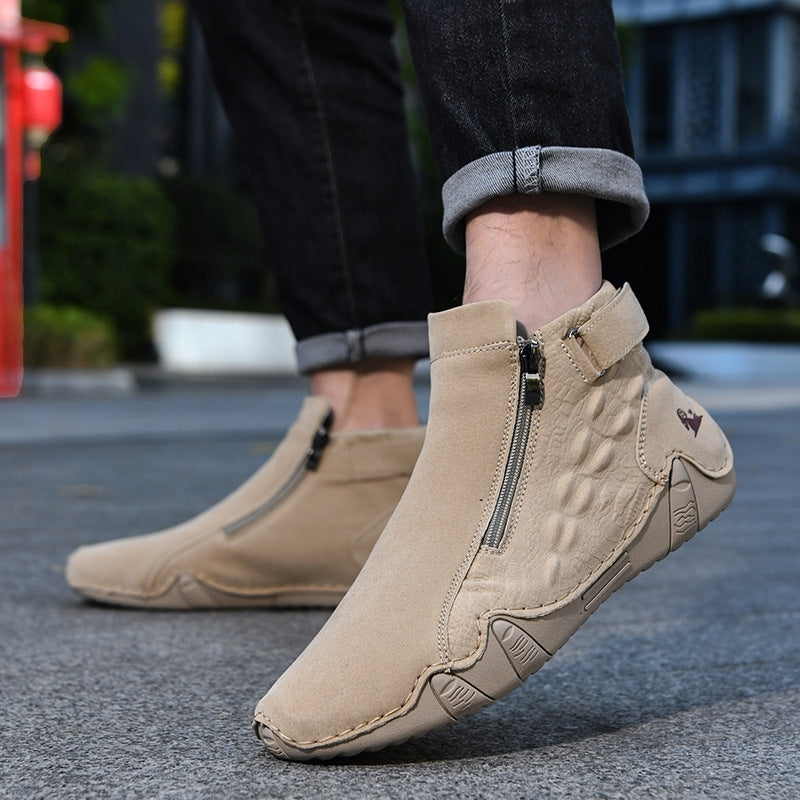 Men’s Genuine Leather Zipper Boots – Casual Slip-On High-Top Boots