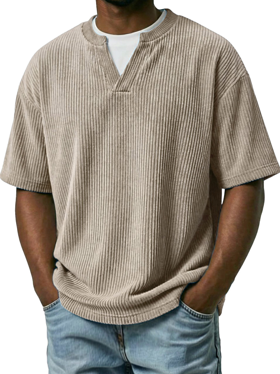 Men's Corduroy Faux Two-piece Double-collar Casual Short-sleeved T-shirt