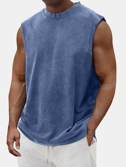 Men's Cotton Basic Washed Distressed Round Neck Sleeveless T-shirt