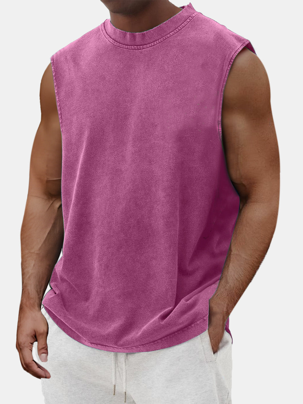 Men's Cotton Basic Washed Distressed Round Neck Sleeveless T-shirt