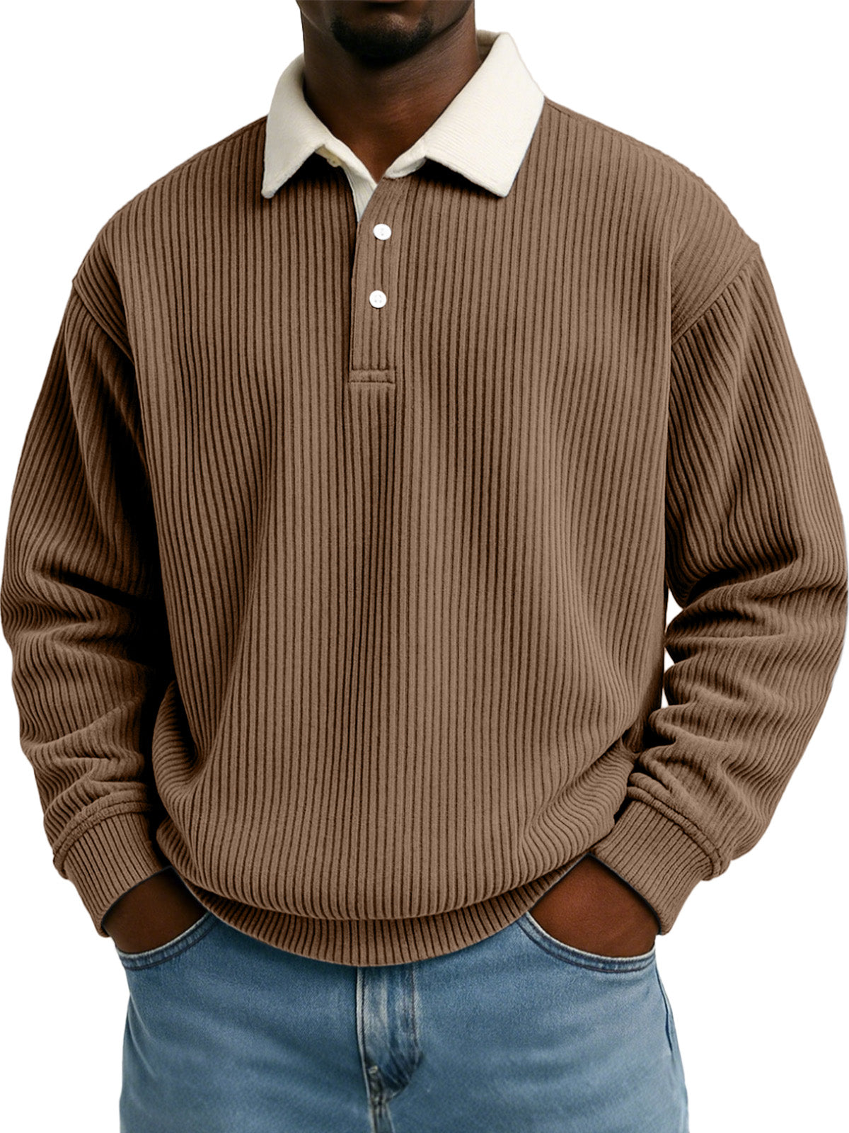 Men's Solid Color Vertical Strip Texture Contrast Color Long Sleeve Lapel Sweatshirt