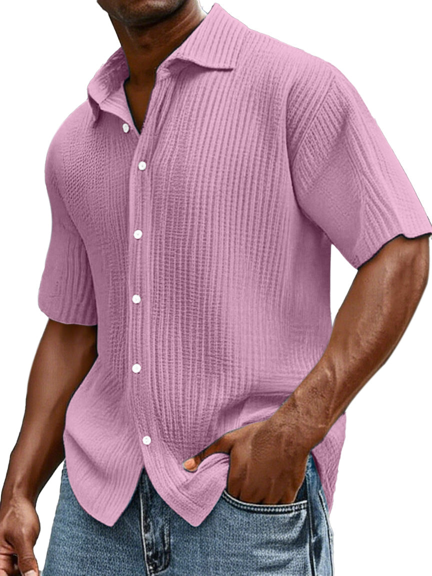 Men's Daily Casual Loose Comfortable Cotton Ruffled Texture Lapel Short Sleeve Button Shirt