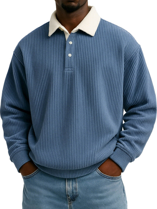 Men's Solid Color Vertical Strip Texture Contrast Color Long Sleeve Lapel Sweatshirt