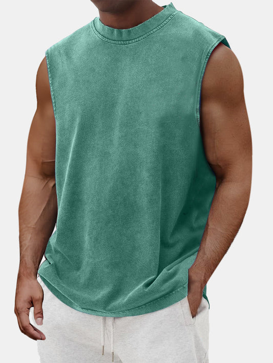 Men's Cotton Basic Washed Distressed Round Neck Sleeveless T-shirt