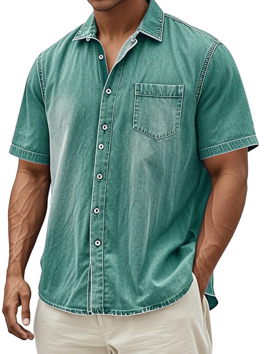Men's Retro Solid Color Simple Everyday Short Sleeve Button Lapel Shirt