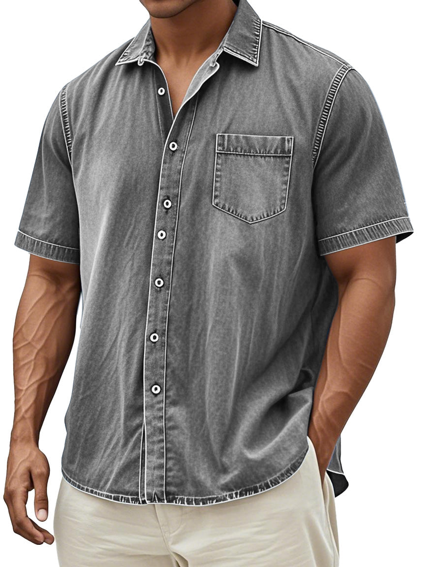 Men's Retro Solid Color Simple Everyday Short Sleeve Button Lapel Shirt
