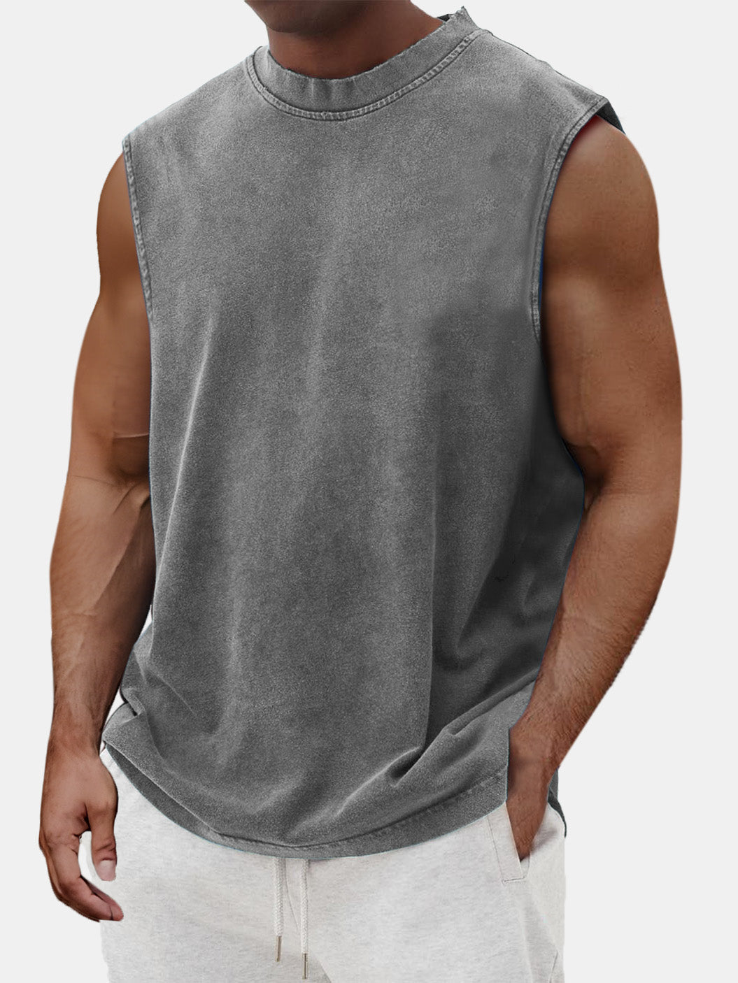 Men's Cotton Basic Washed Distressed Round Neck Sleeveless T-shirt