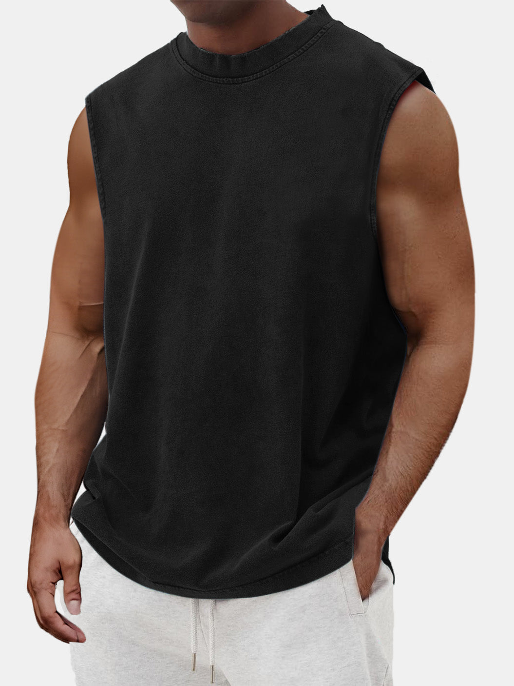 Men's Cotton Basic Washed Distressed Round Neck Sleeveless T-shirt