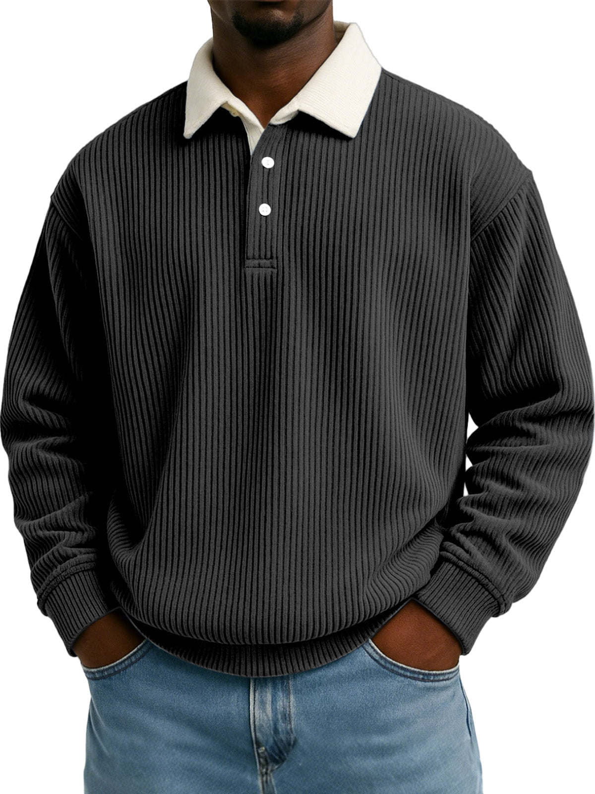 Men's Solid Color Vertical Strip Texture Contrast Color Long Sleeve Lapel Sweatshirt