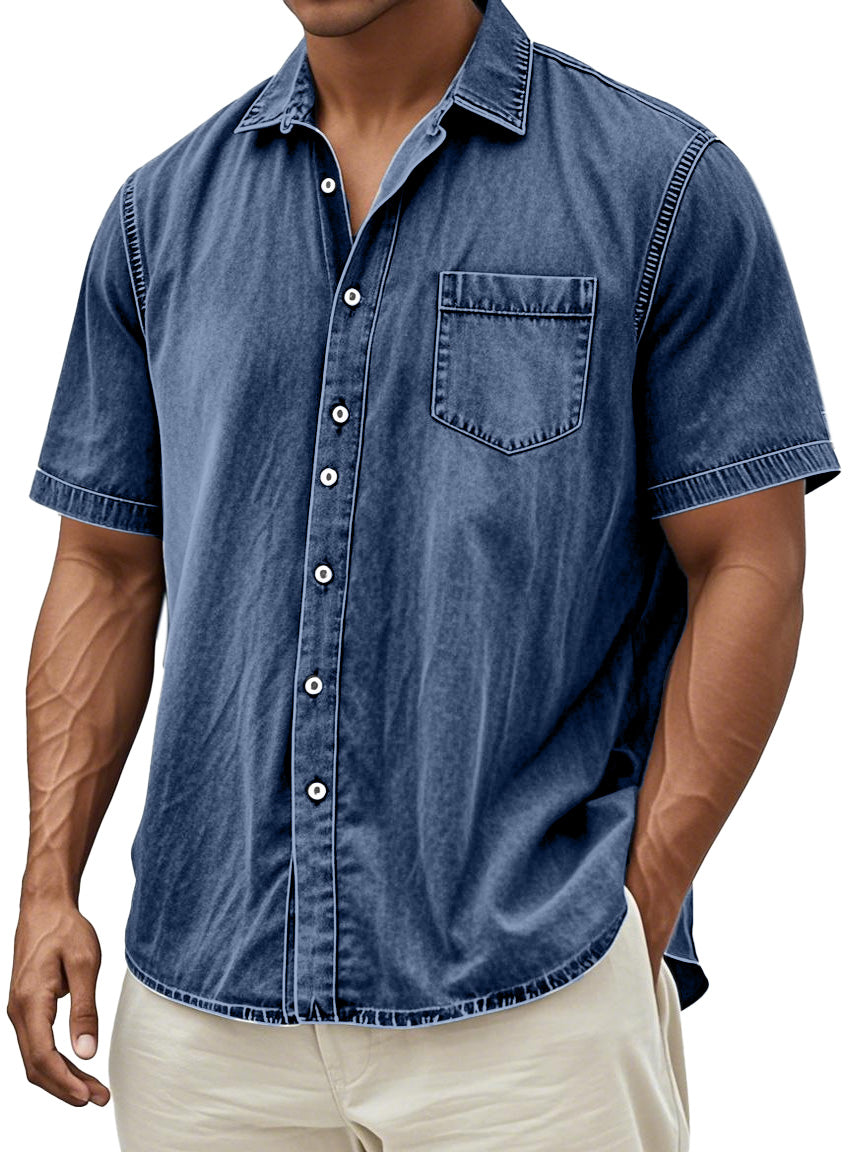 Men's Retro Solid Color Simple Everyday Short Sleeve Button Lapel Shirt