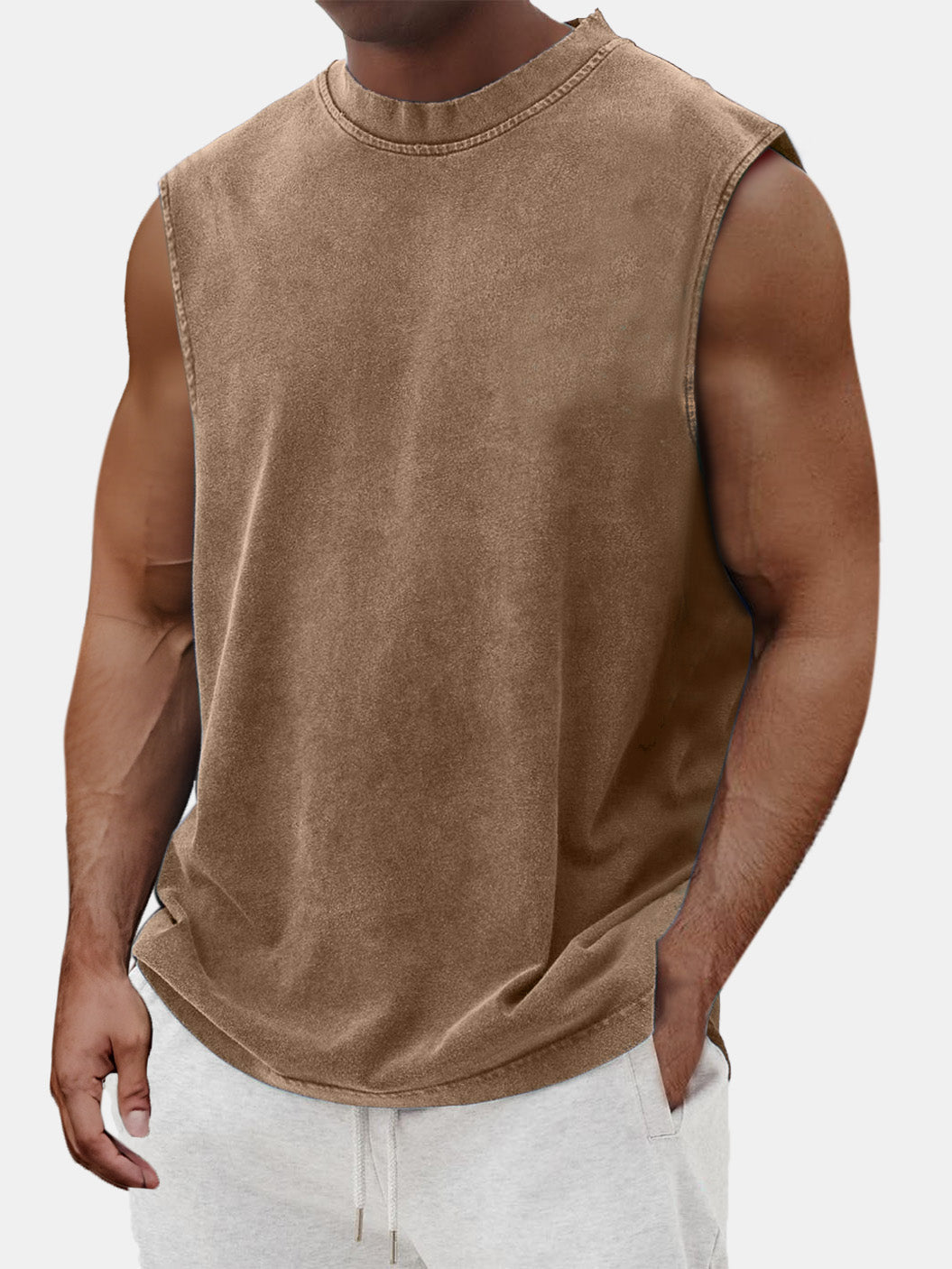Men's Cotton Basic Washed Distressed Round Neck Sleeveless T-shirt