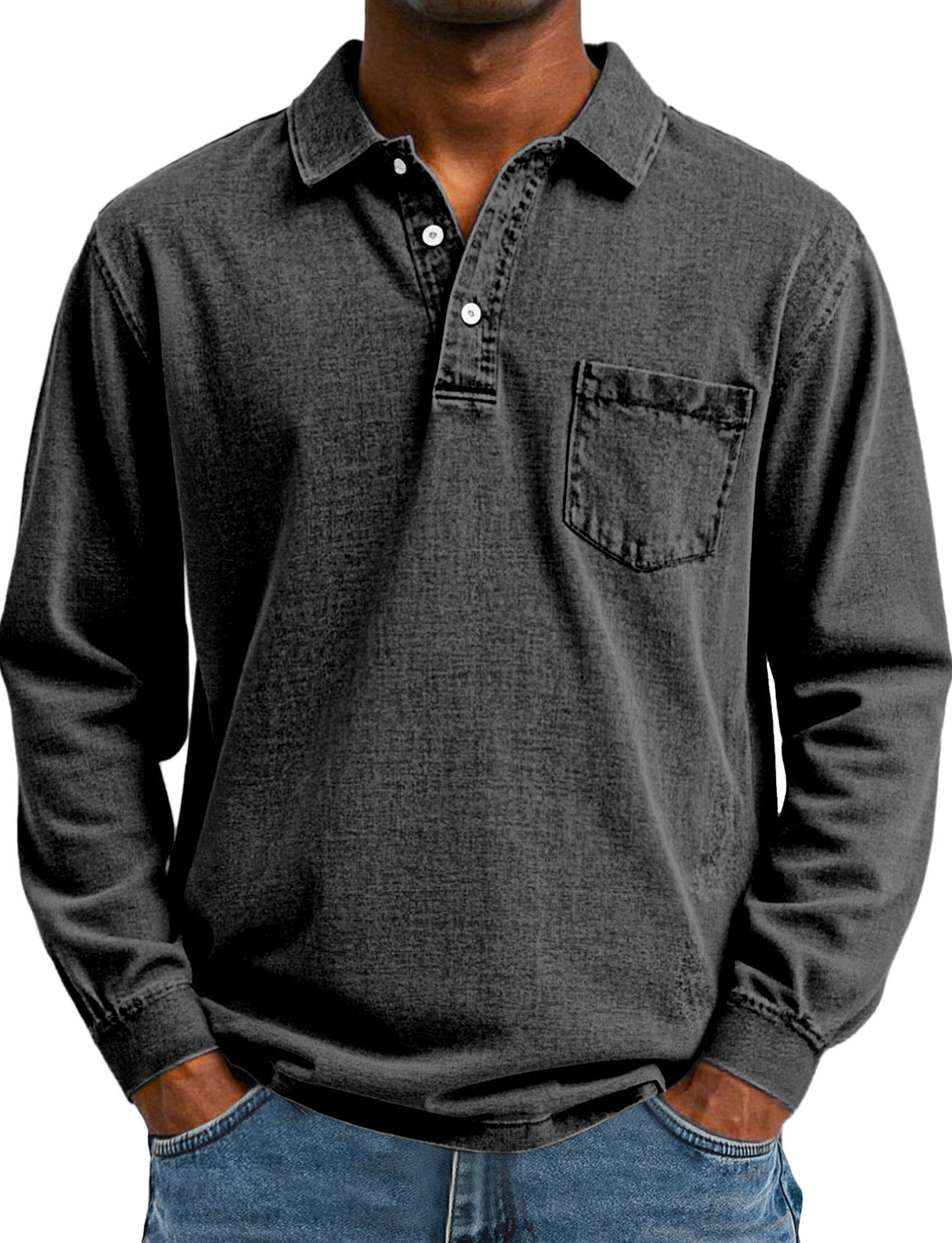Men's Retro Solid Color Pocket Lapel Long Sleeve Polo Shirt