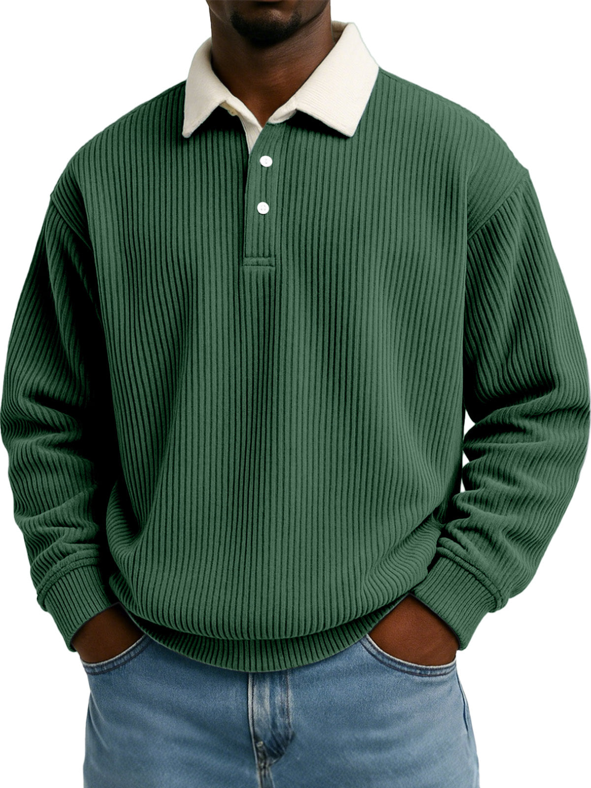 Men's Solid Color Vertical Strip Texture Contrast Color Long Sleeve Lapel Sweatshirt