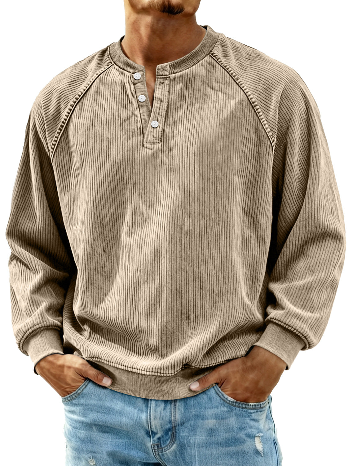 Men's Retro Corduroy Raglan Casual Long-Sleeve Henley Shirt