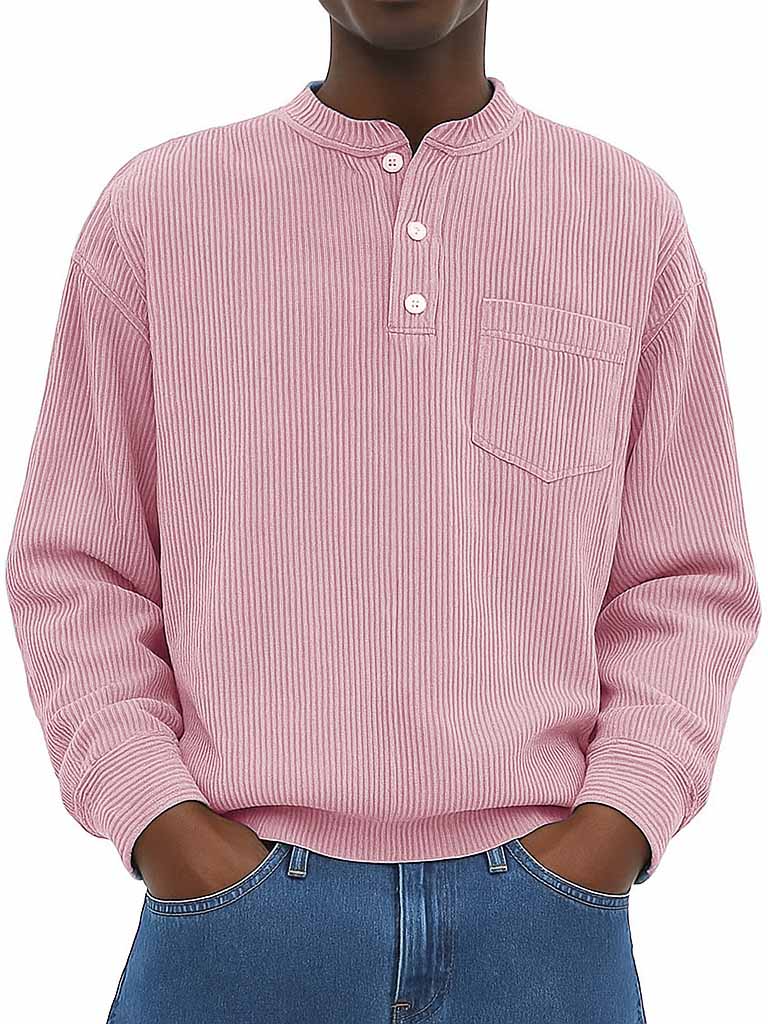 Men's Fashion Casual Ribbed Fabric Stand Collar Long Sleeve Henley Shirt