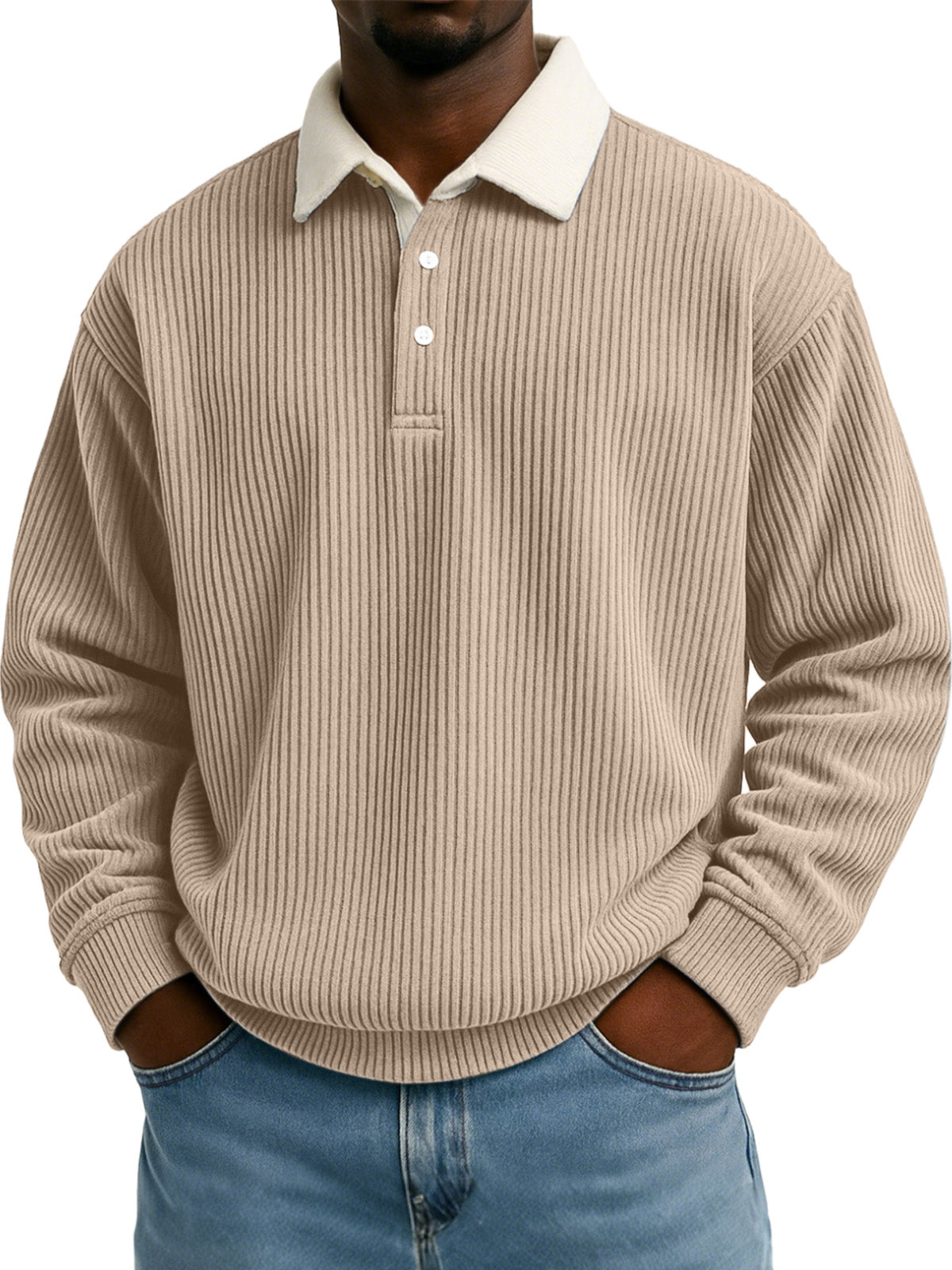 Men's Solid Color Vertical Strip Texture Contrast Color Long Sleeve Lapel Sweatshirt