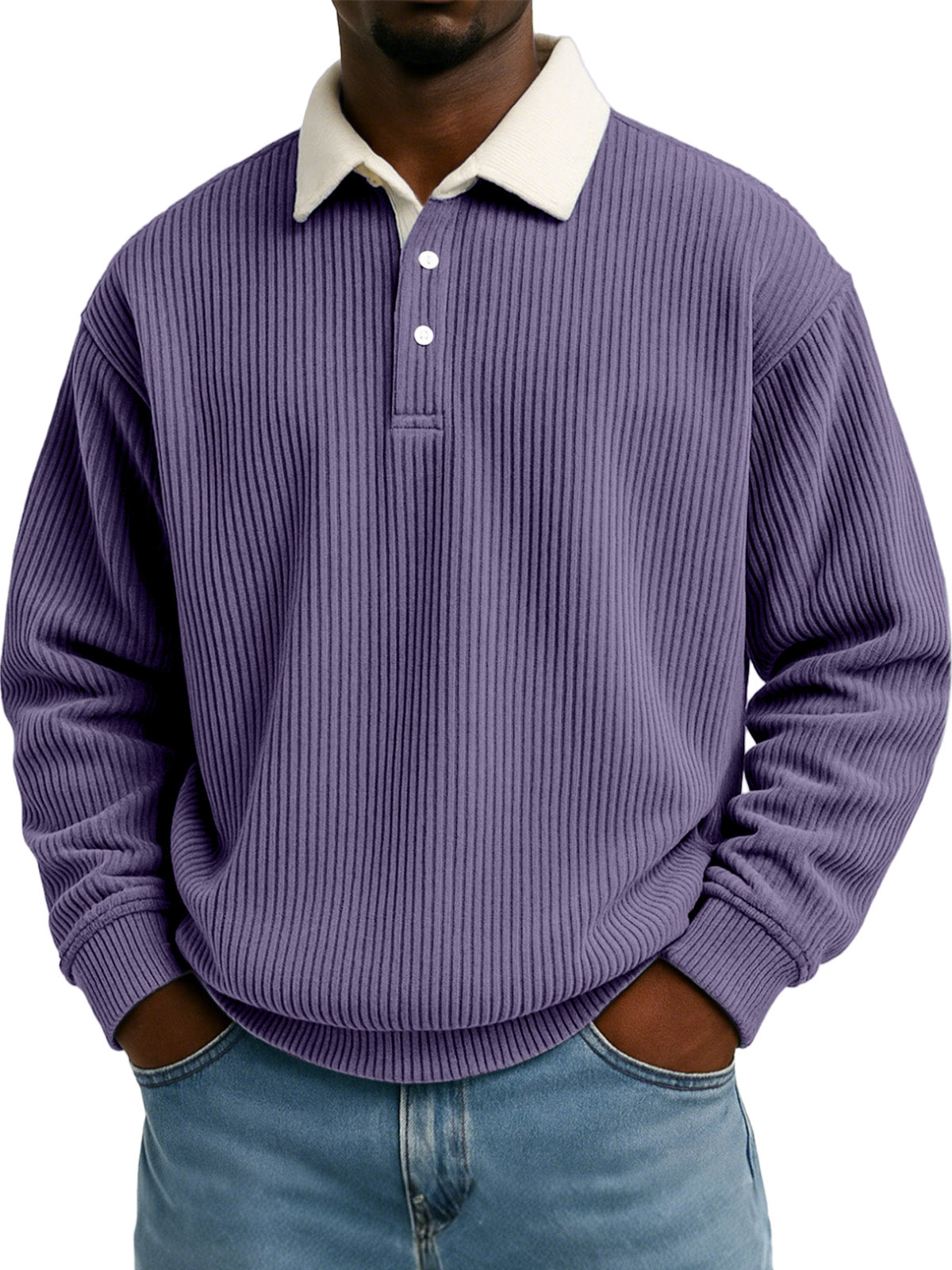 Men's Solid Color Vertical Strip Texture Contrast Color Long Sleeve Lapel Sweatshirt