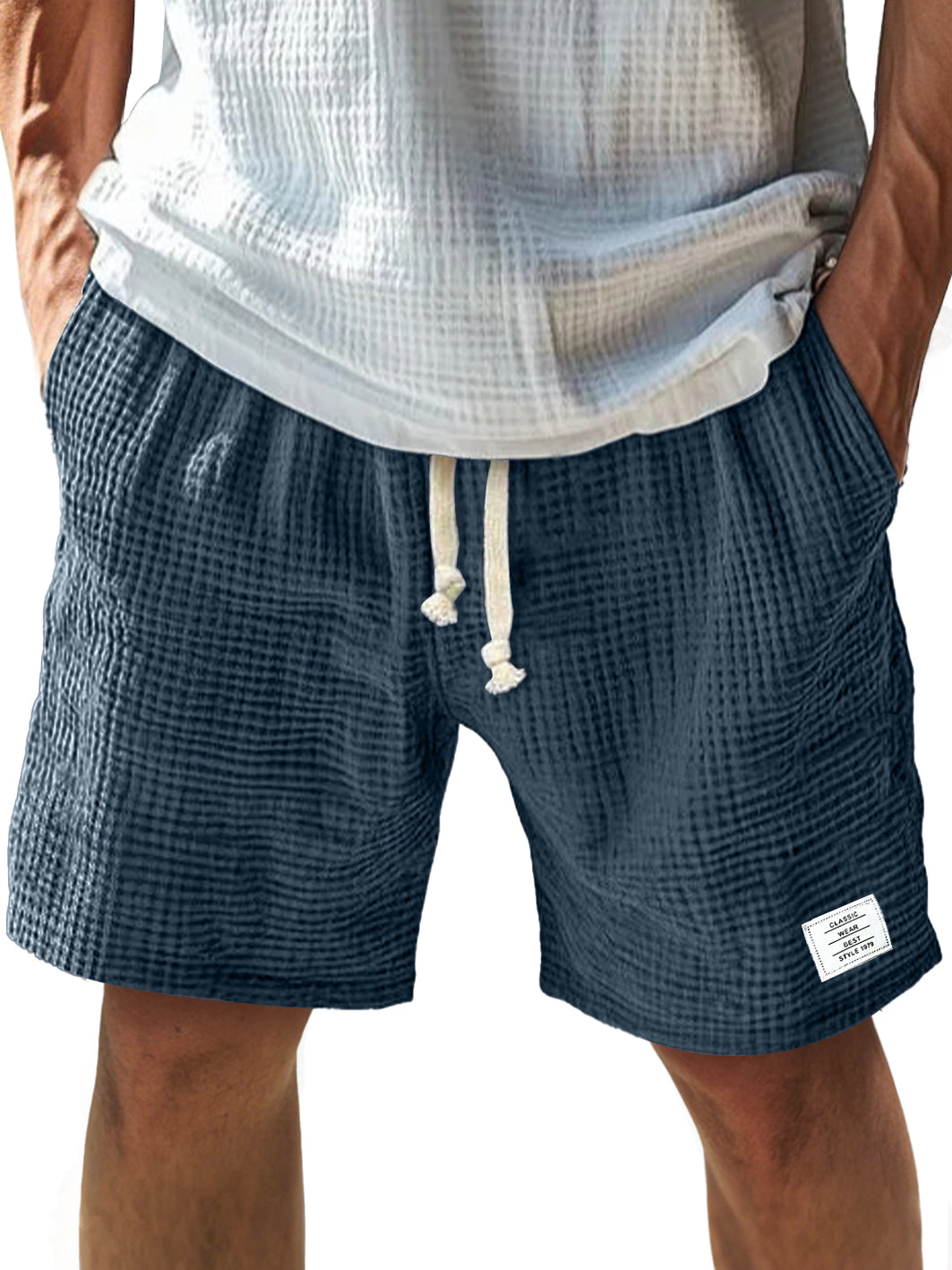 Men's Everyday Texture Embroidered Logo Elastic Waist Drawstring Comfort Shorts