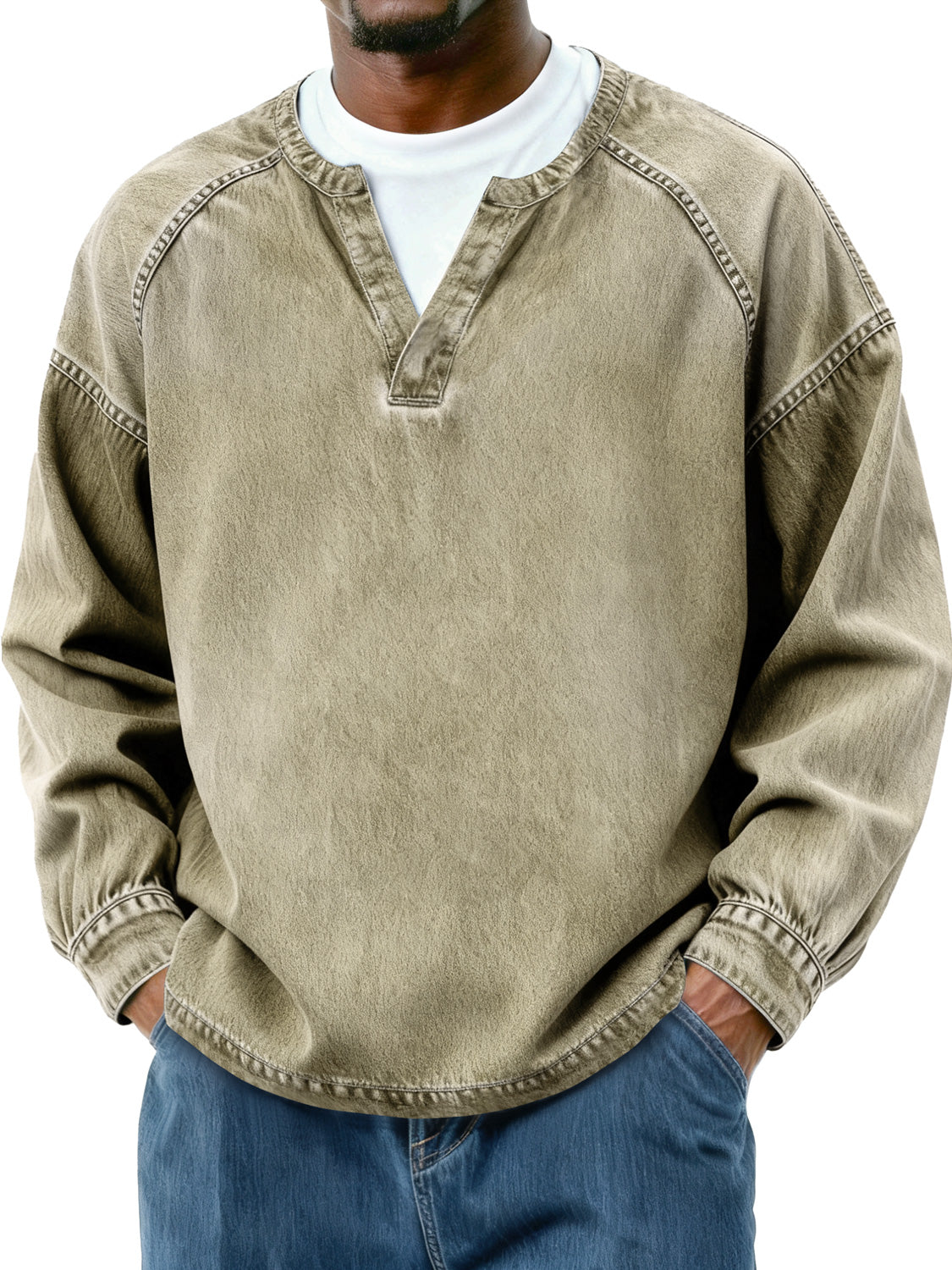 Men's Retro Faux Two-Piece Raglan Patchwork Casual Long-Sleeve T-Shirt