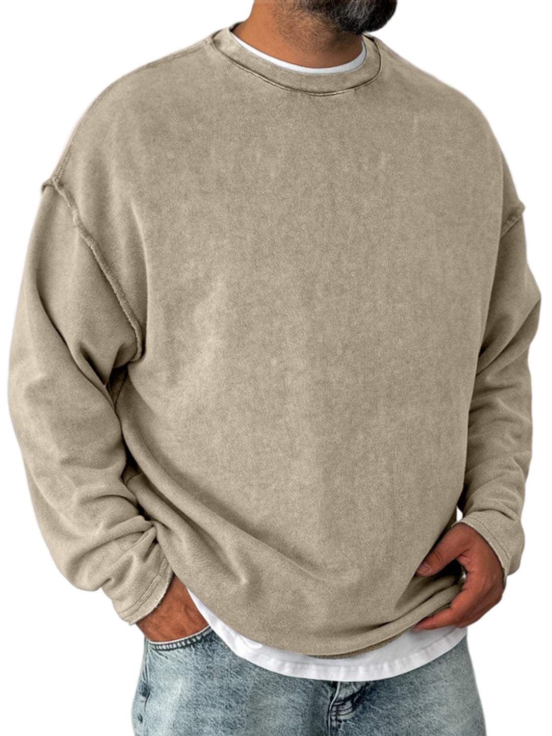 Men's Retro Round Neck Distressed Casual Comfortable Long Sleeve T-shirt