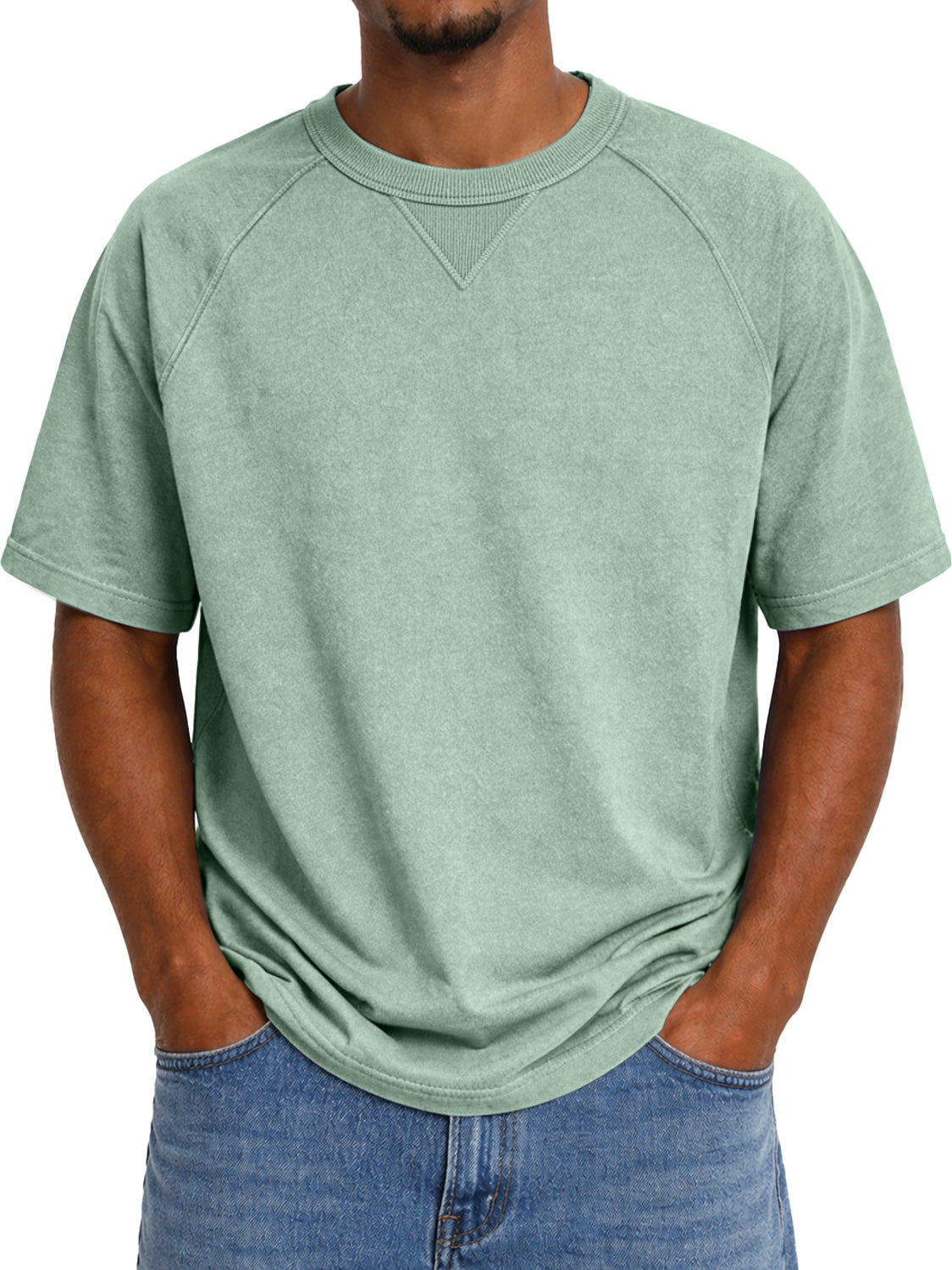 Men's Crew Neck Raglan Short-sleeved T-shirt With Inverted Triangle Design