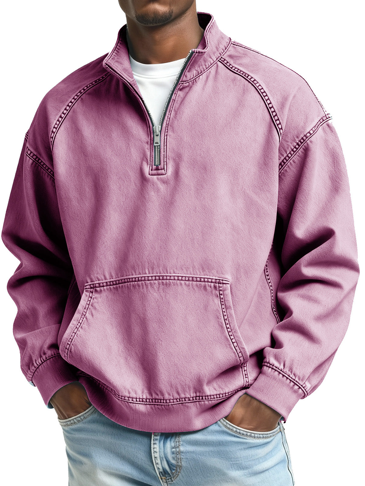 Men's Fashionable Retro Stand Collar Raglan Pocket Long Sleeve Top