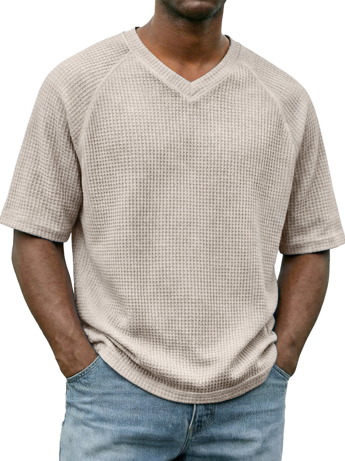 Men's Waffle-knit V-neck Raglan Sleeve Casual Solid Color Short-sleeved Shirt