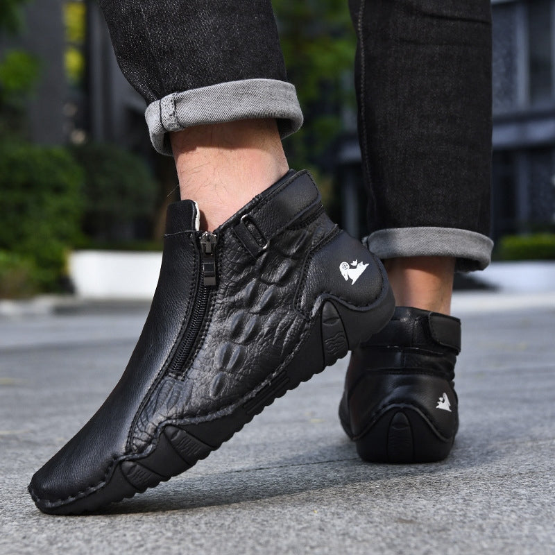 Men’s Genuine Leather Zipper Boots – Casual Slip-On High-Top Boots