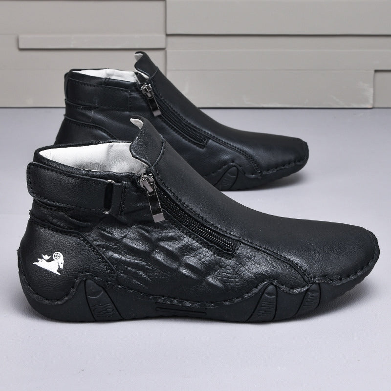 Men’s Genuine Leather Zipper Boots – Casual Slip-On High-Top Boots
