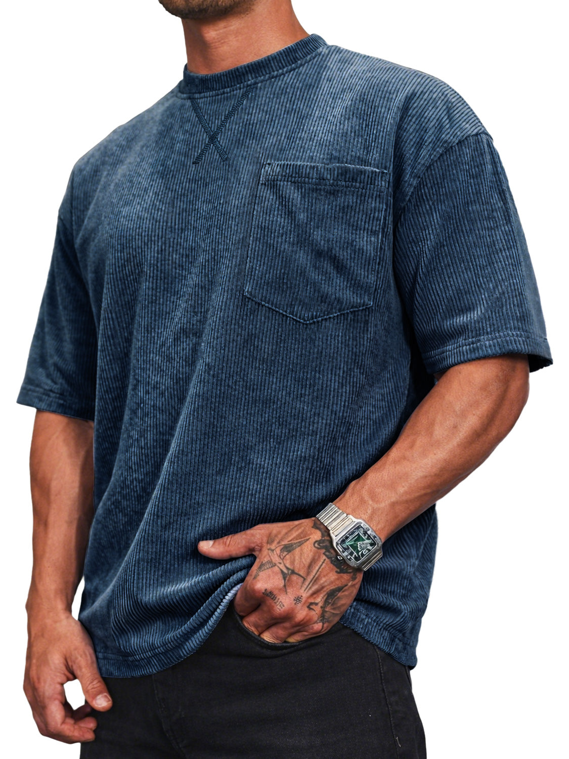 Men's Corduroy Crew Neck Short-sleeved T-shirt With A Crossover Design