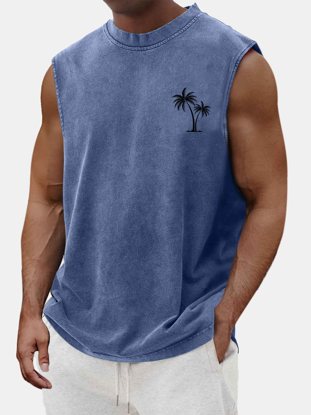 Men's Vintage Cotton Washed Coconut Palm Tree Print Round Neck Sleeveless T-shirt