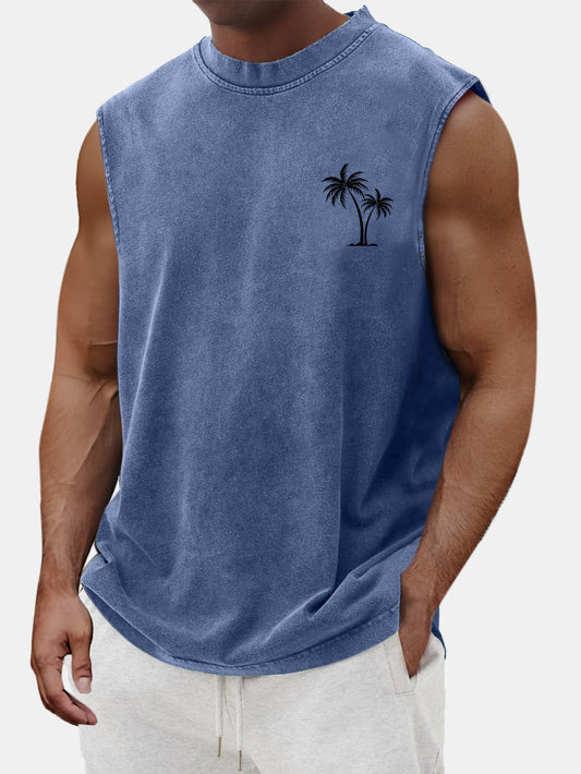 Men's Vintage Cotton Washed Coconut Palm Tree Print Round Neck Sleeveless T-shirt