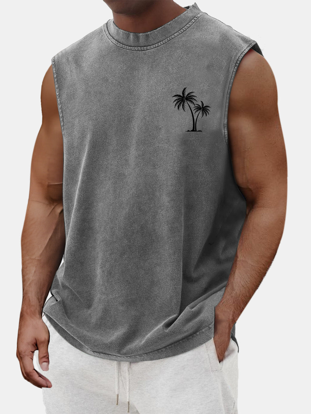 Men's Vintage Cotton Washed Coconut Palm Tree Print Round Neck Sleeveless T-shirt