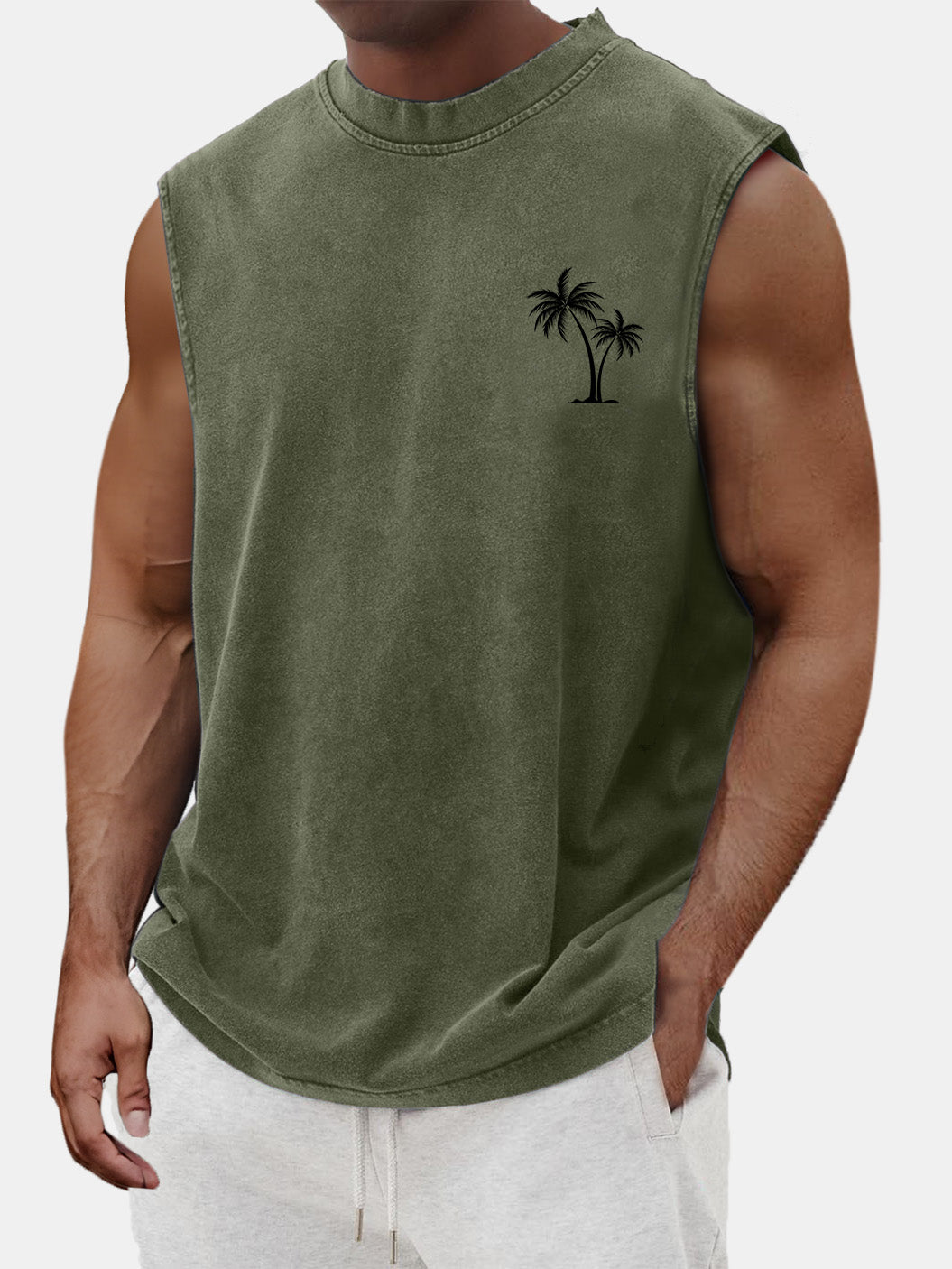 Men's Vintage Cotton Washed Coconut Palm Tree Print Round Neck Sleeveless T-shirt