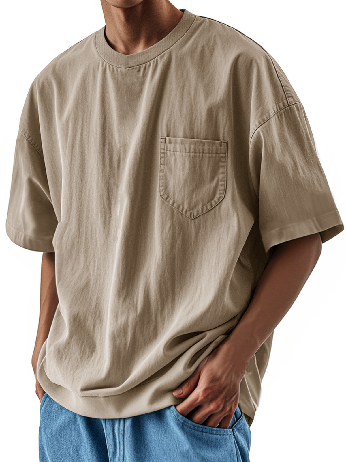 Men's Fashion Casual Retro Shirt Round Neck Pocket Short Sleeve T