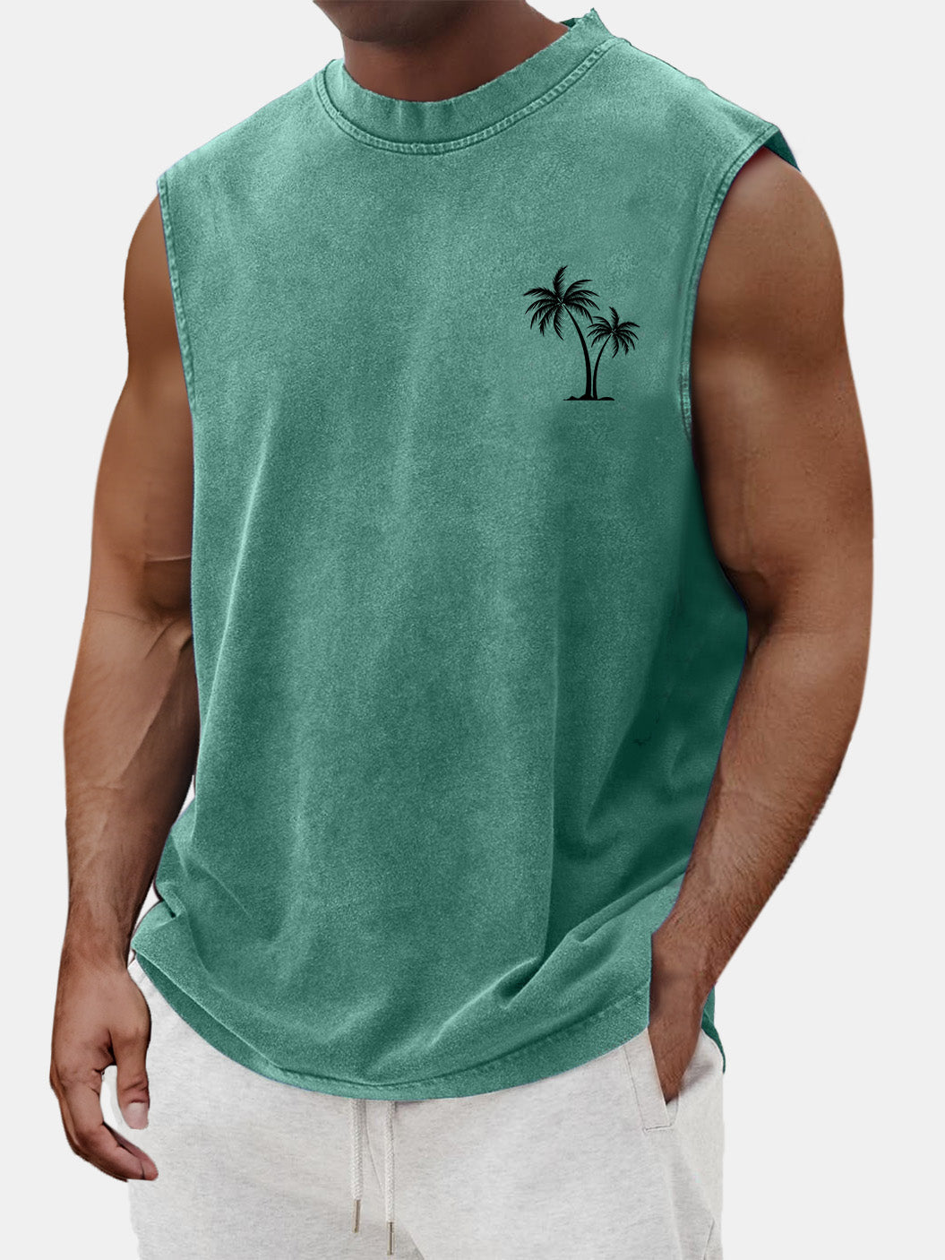 Men's Vintage Cotton Washed Coconut Palm Tree Print Round Neck Sleeveless T-shirt