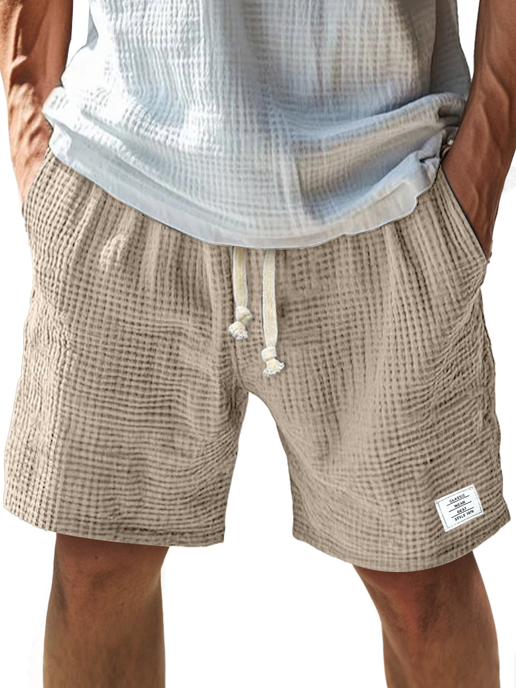 Men's Everyday Texture Embroidered Logo Elastic Waist Drawstring Comfort Shorts