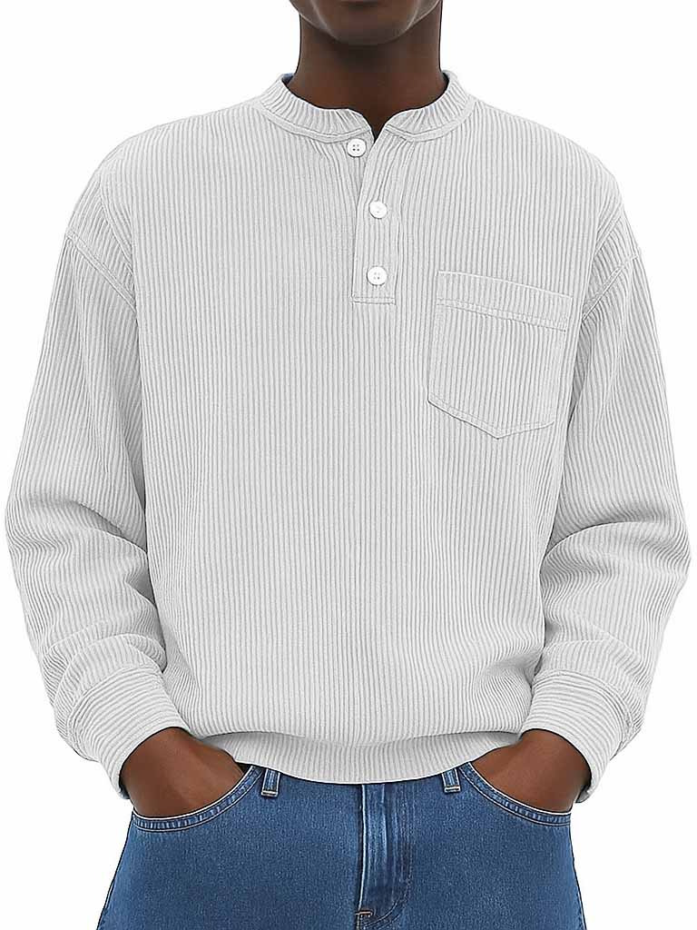 Men's Fashion Casual Ribbed Fabric Stand Collar Long Sleeve Henley Shirt