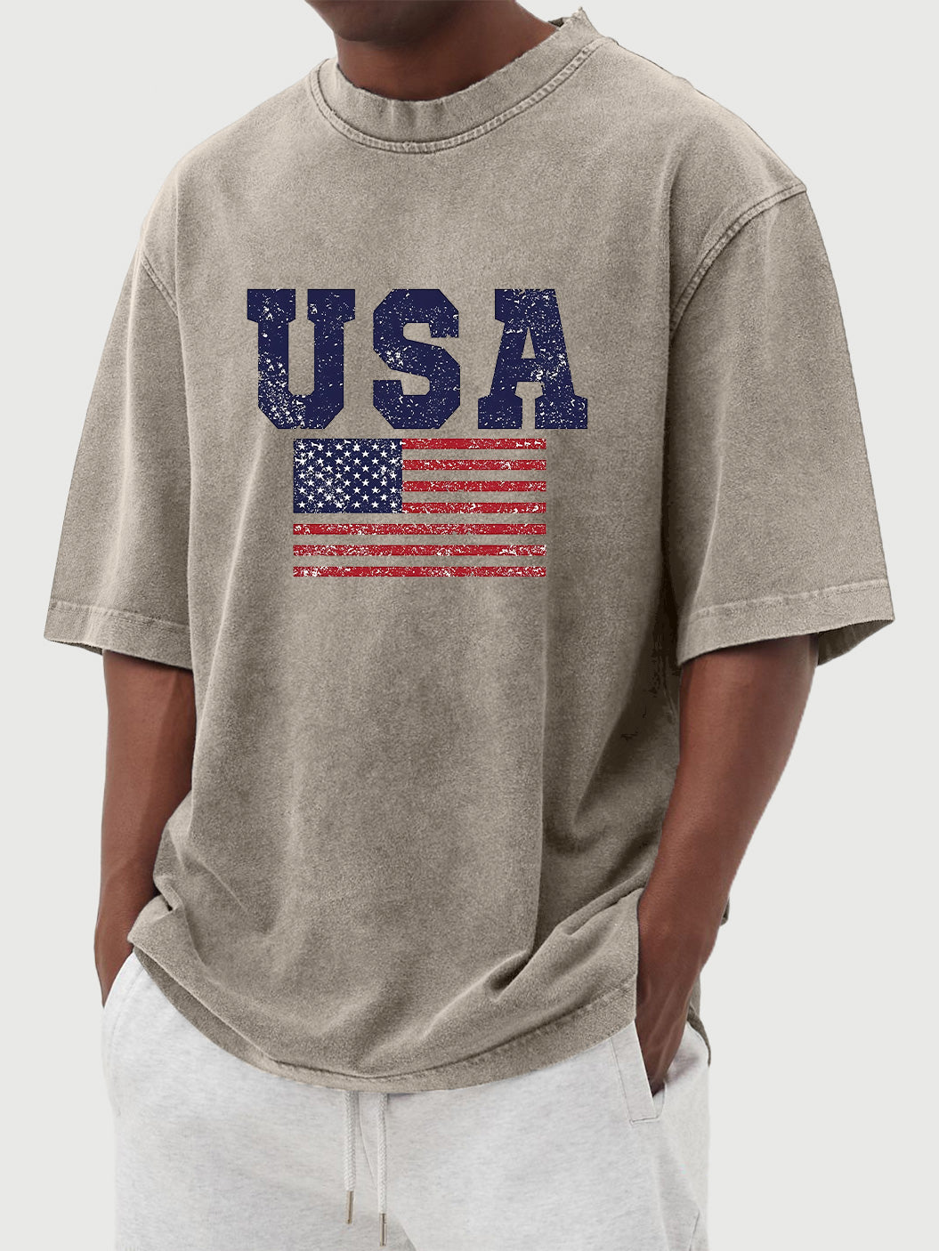 Men's vintage washed USA flag printed short sleeve T-shirt