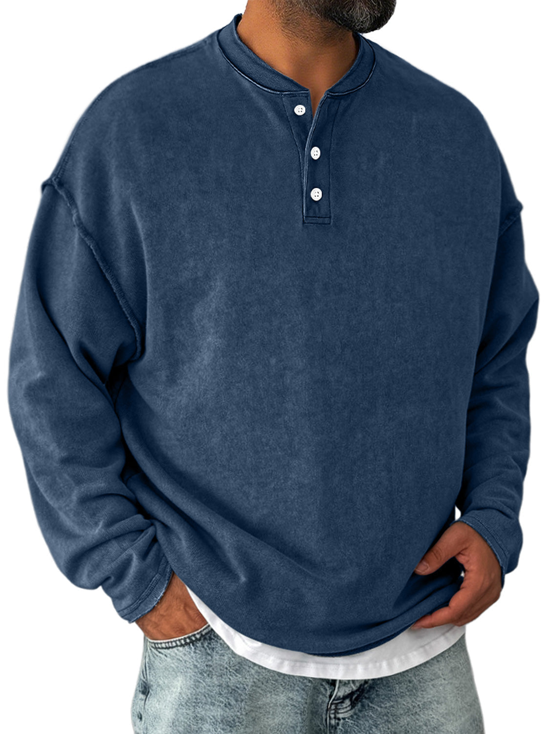 Men's Retro Casual Stand Collar Button-Down Long Sleeve Henley Shirt