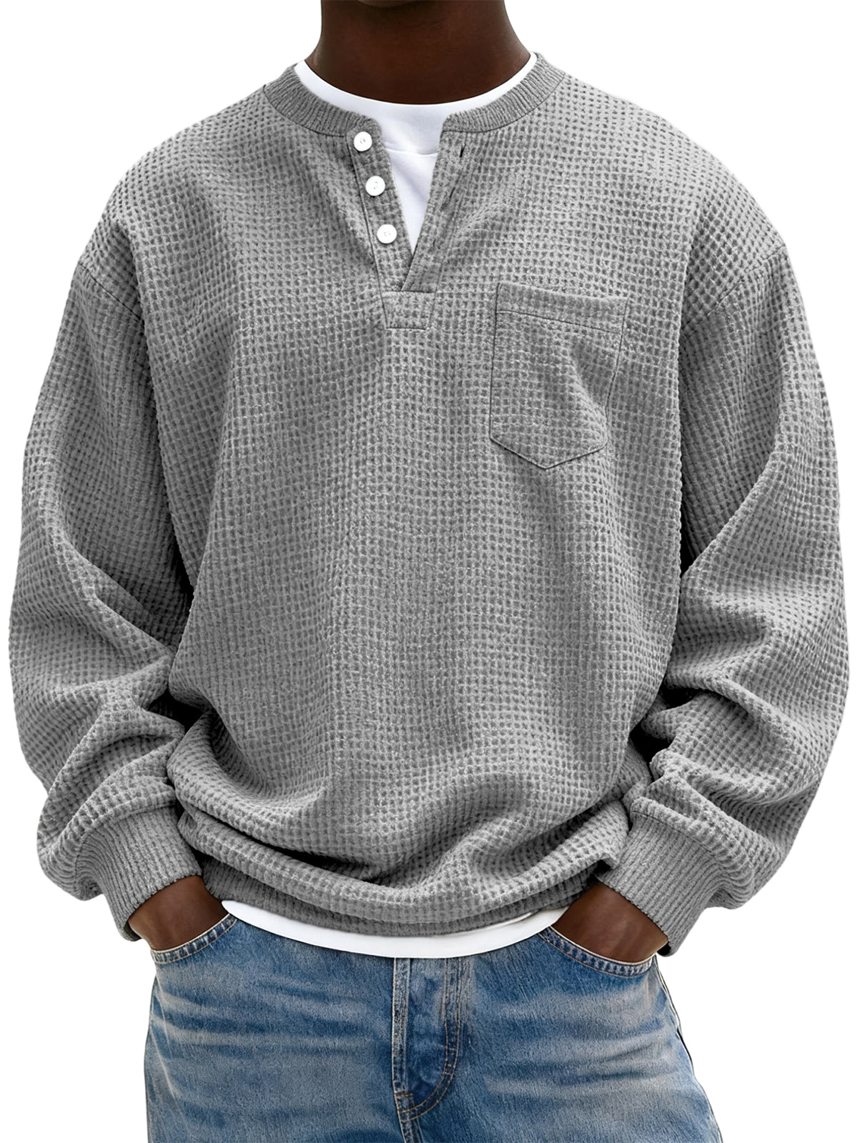 Men's Simple Waffle Henley Pullover with Chest Pocket