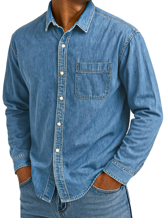 Men's Retro Casual Solid Color Loose Lapel Long Sleeve Shirt With Pockets