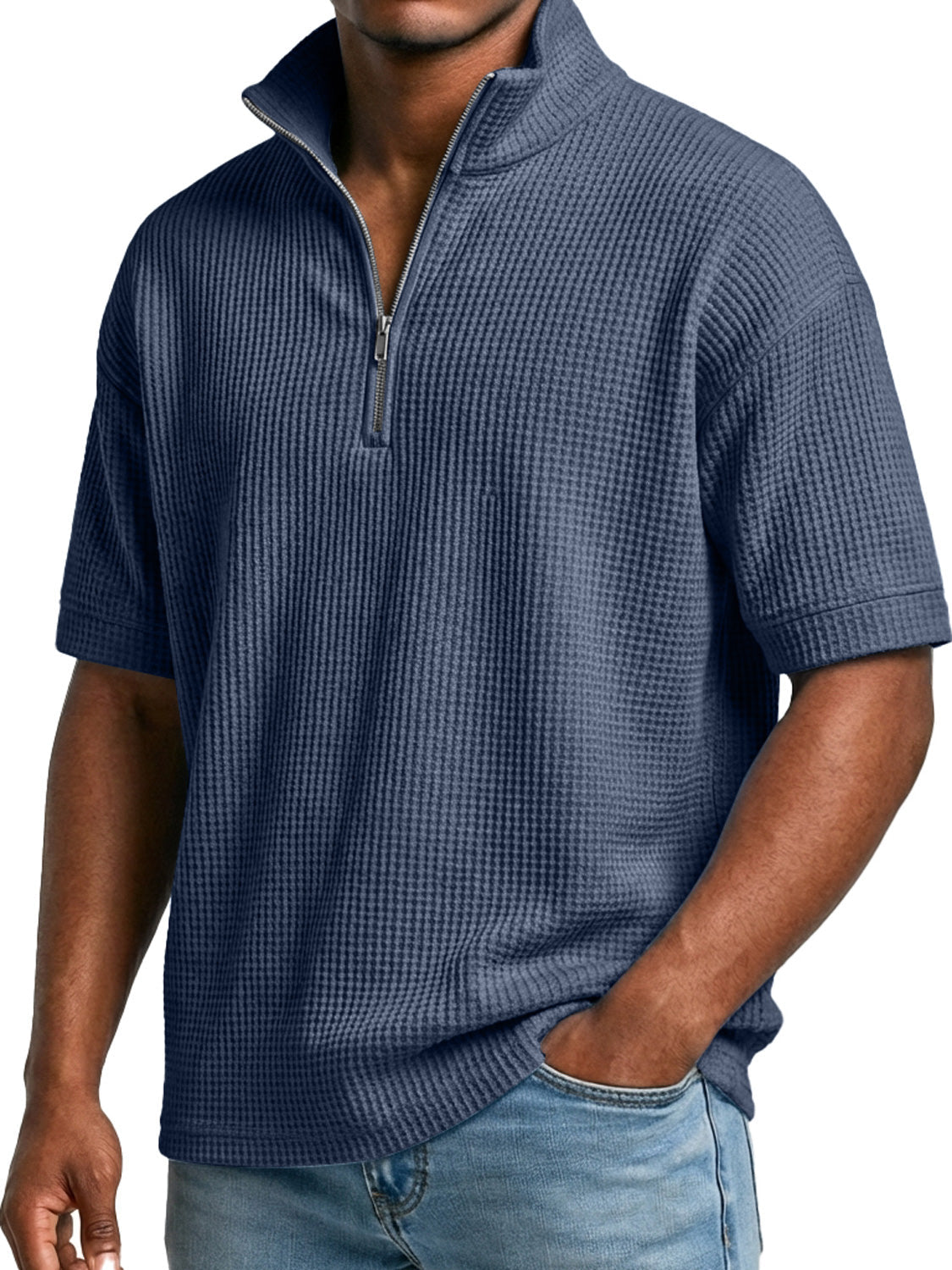 Men's Waffle-knit Simple Stand-collar Zip-up Casual Short-sleeved T-shir