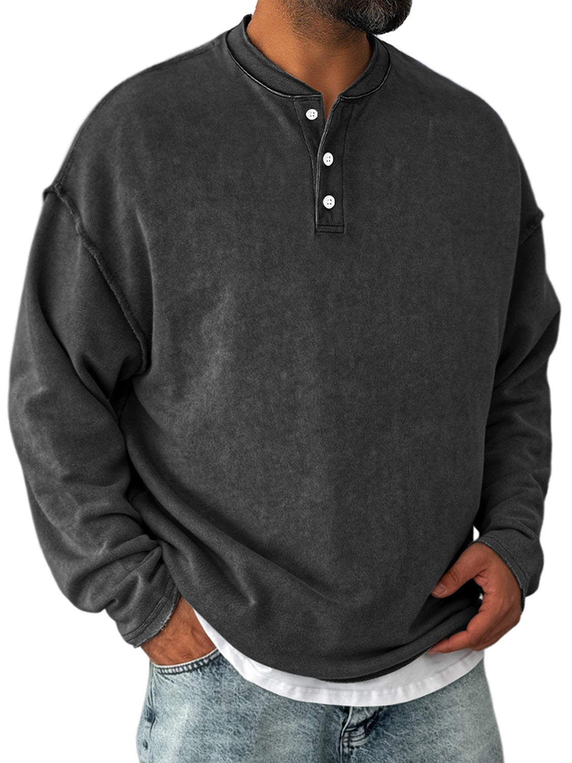 Men's Retro Casual Stand Collar Button-Down Long Sleeve Henley Shirt