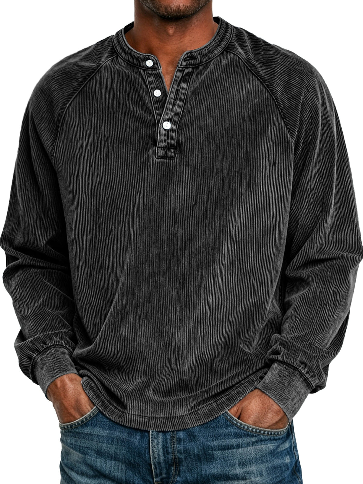 Men's Retro Raglan Corduroy Casual Long-Sleeve Henley Shirt