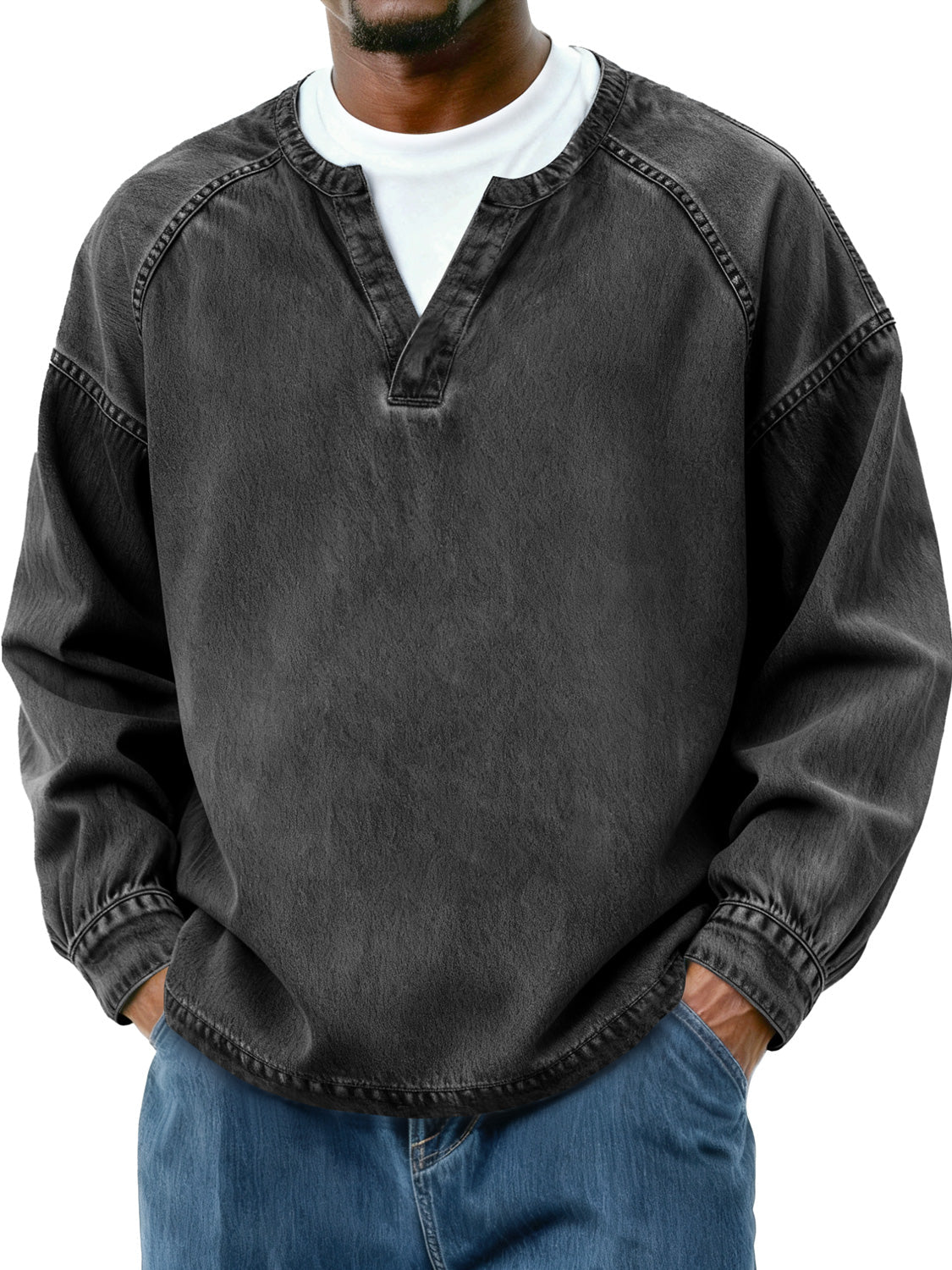 Men's Retro Faux Two-Piece Raglan Patchwork Casual Long-Sleeve T-Shirt