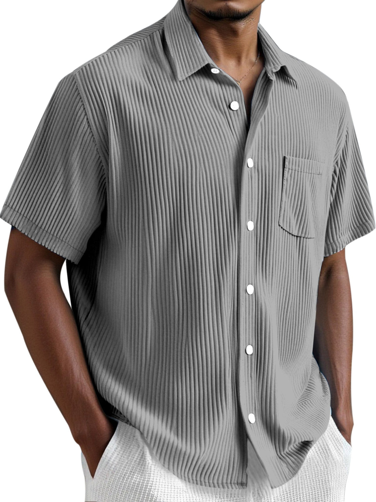 Men's Simple Solid Color Vertical Pit Short Sleeve Shirt