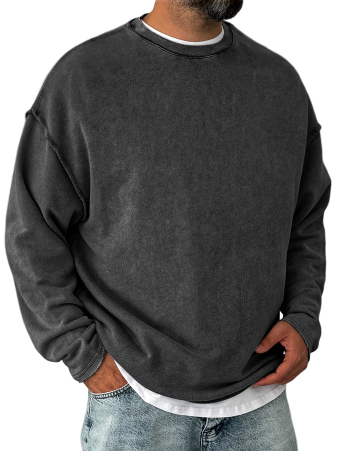 Men's Retro Round Neck Distressed Casual Comfortable Long Sleeve T-shirt