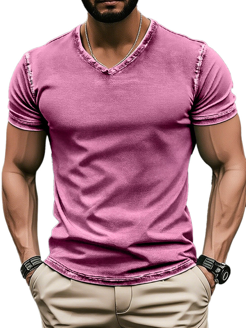 Men's Retro Solid Color V-neck Short Sleeve T-shirt